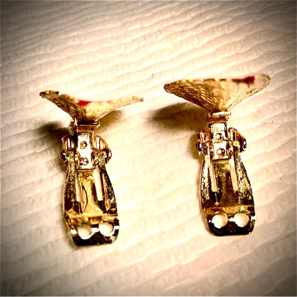 Vintage signed CORO rust orange green enamel leaf goldtone clip earrings new - Picture 9 of 17